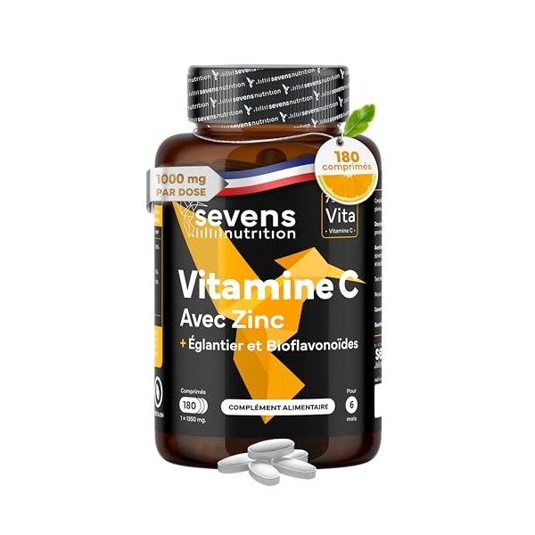 Vitamine C 1000 mg avec Zinc + Bioflavonoïdes & Églantier – 180 comprimés – Formule 100 % végétale – Soutien immunitaire & pr
