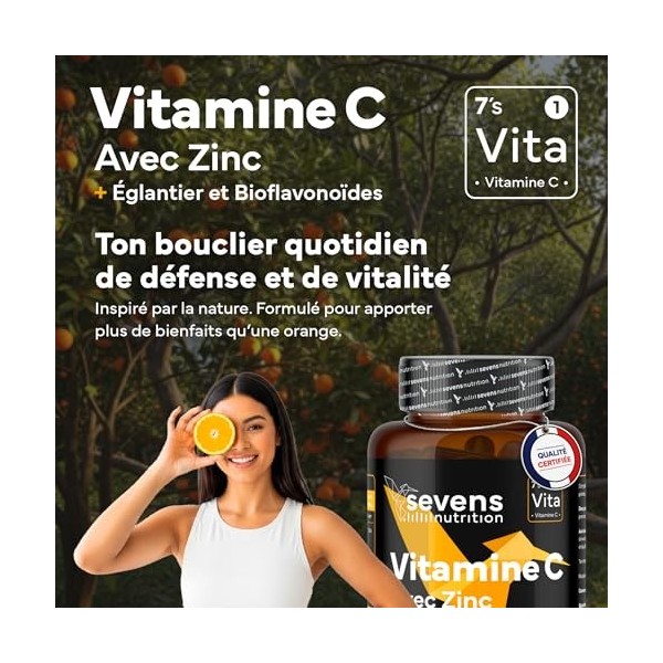 Vitamine C 1000 mg avec Zinc + Bioflavonoïdes & Églantier – 180 comprimés – Formule 100 % végétale – Soutien immunitaire & pr