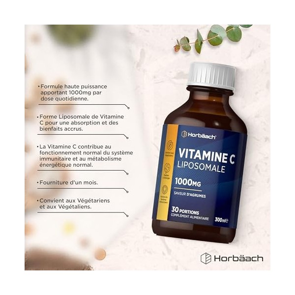 Vitamine C Liposomale 1000 mg Liquide | Végan 300 ml Complément Alimentaire | Saveur d’Agrumes | Soutien du Système Immunitai