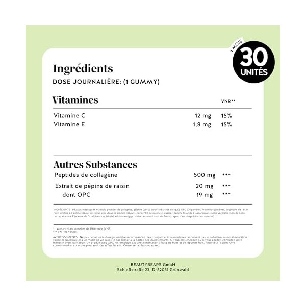 Silhouette Collegène et OPC avec Vitamine C et E - 30 unités 1 mois - Sans sucre - Bears with Benefits