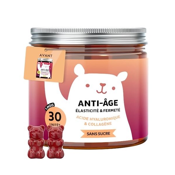 Gummies Anti-Âge Elasticité & Fermeté - Acide Hyaluronique & Collagène avec Vitamine C, E, Coenzyme Q10-30 unités 1 mois - V...