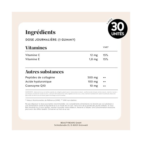 Gummies Anti-Âge Elasticité & Fermeté - Acide Hyaluronique & Collagène avec Vitamine C, E, Coenzyme Q10-30 unités 1 mois - V...