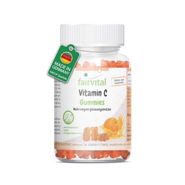 Fairvital | Gommes vitamine C - 90 pièces - 500mg par jour - Saveur orange - Hautement dosées - 100% végétaliennes + sans suc