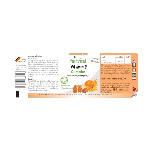 Fairvital | Gommes vitamine C - 90 pièces - 500mg par jour - Saveur orange - Hautement dosées - 100% végétaliennes + sans suc
