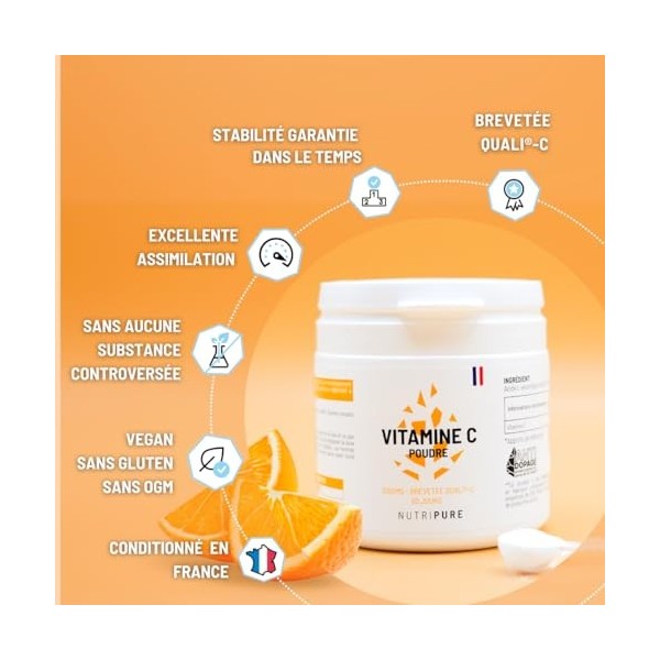 Nutripure | Vitamine C Vegan 100% Pure en Poudre | Ingrédient breveté Quali®-C | Antioxydant | Fatigue, Rhume, Immunité | San...