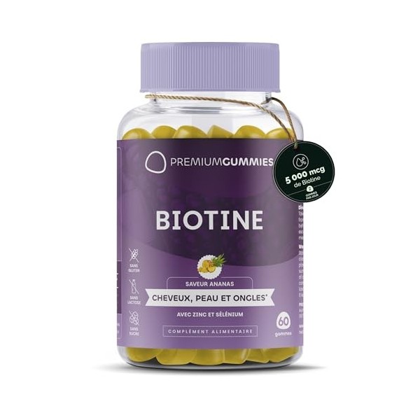 Biotine 5000 mcg - Gommes à la biotine pour les cheveux, la peau et les ongles - Zinc et sélénium - Saveur ananas - Sans sucr