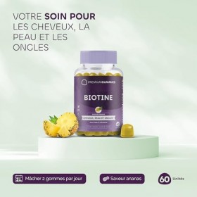 Biotine 5000 mcg - Gommes à la biotine pour les cheveux, la peau et les ongles - Zinc et sélénium - Saveur ananas - Sans sucr