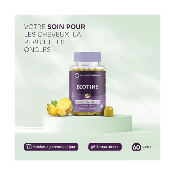 Biotine 5000 mcg - Gommes à la biotine pour les cheveux, la peau et les ongles - Zinc et sélénium - Saveur ananas - Sans sucr