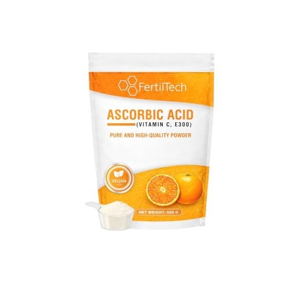 FertilTech Acide Ascorbique en Poudre 500 g Vitamine C E300 – 600 Portions 20 Mois – 100% Pur – Qualité Alimentaire – Ant