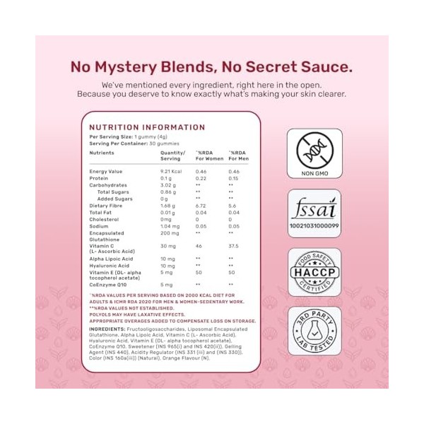 Whats Up Gluta-Glow Gummies | Teint de peau éclatant | Dépigmentation | Détoxification | 90 jours | Hommes et femmes | Premi ...