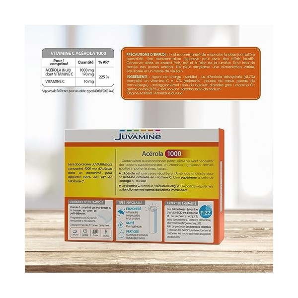 JUVAMINE - Vitamine C Acérola 1000mg - 30 Comprimés à croquer Lot de 2 Vitamine C