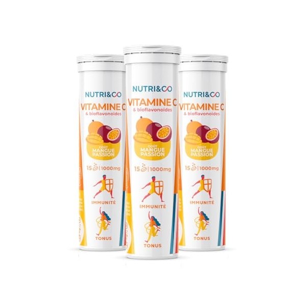 NUTRI & CO Vitamine C 1000mg & Bioflavonoïdes - 45 jours - 100% Pure & Clean - Goût Mangue-Passion - Lot de 3x 15 comprimés e