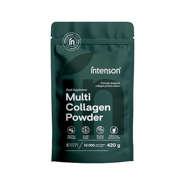Intenson Poudre Multi Collagène 420 g, 5 Types de Collagène I, II, III, V, X , Soutient la Peau, les Cheveux, les Ongles, le
