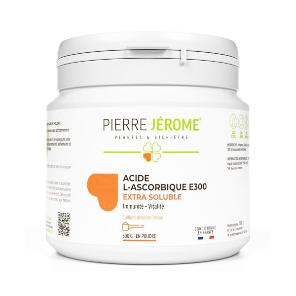 Acide L-Ascorbique E300 Extra Soluble en Poudre Pierre Jérôme - 500 G - Vitamine C Pure et Naturelle - Complément Immunité et...