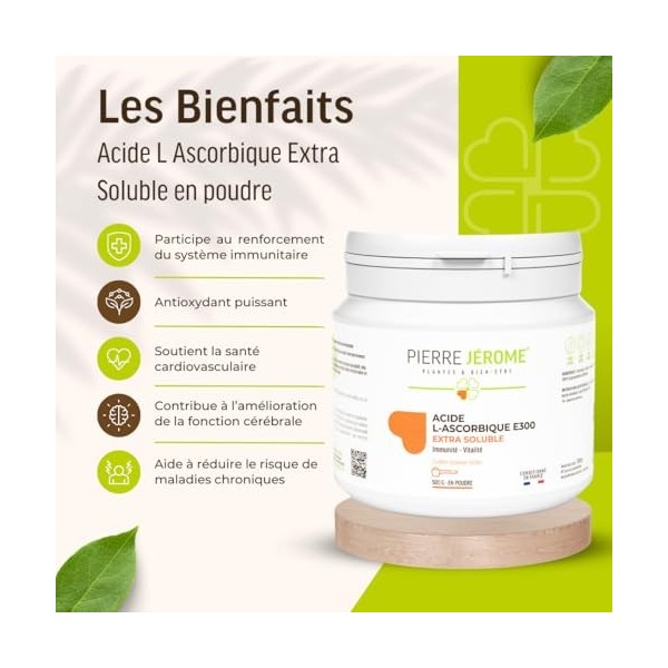 Acide L-Ascorbique E300 Extra Soluble en Poudre Pierre Jérôme - 500 G - Vitamine C Pure et Naturelle - Complément Immunité et...