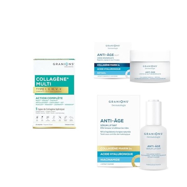GRANIONS - MULTI COLLAGENE COMPRIMÉS CITRON + CREME DE NUIT 50 mL + SERUM 30 mL - Collagene marin - Acide Hyaluronique - Coll