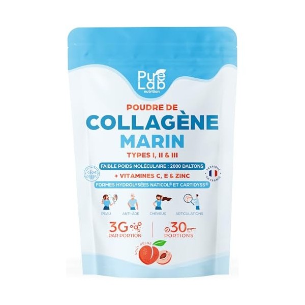 Collagène Marin poudre Types 1 2 3 + Vitamines C & E + Zinc, 30 portions, Peau & Articulations, Hydrolysé & Sans saveur, Pe