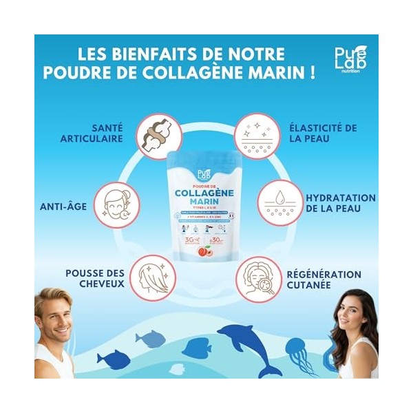 Collagène Marin poudre Types 1 2 3 + Vitamines C & E + Zinc, 30 portions, Peau & Articulations, Hydrolysé & Sans saveur, Pe