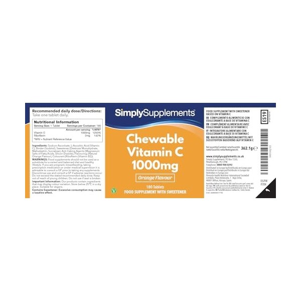 Vitamine C à Croquer 1 000 mg | Complément Alimentaire Naturel | 360 Comprimés Végétaliens au Goût d’Orange | 12 Mois d’Utili