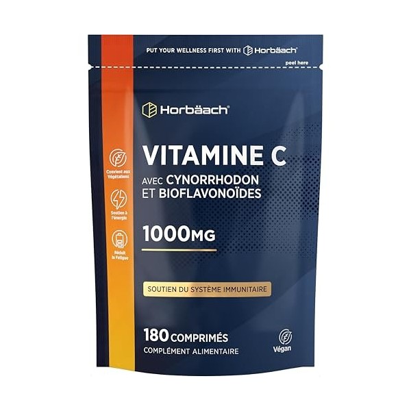 Vitamine C 1000mg Complexe avec Citrus Bioflavonoids et Rosa Canina | Cure de 6 Mois - 180 Comprimés Végans | Vitamin C Compl