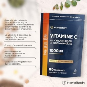 Vitamine C 1000mg Complexe avec Citrus Bioflavonoids et Rosa Canina | Cure de 6 Mois - 180 Comprimés Végans | Vitamin C Compl