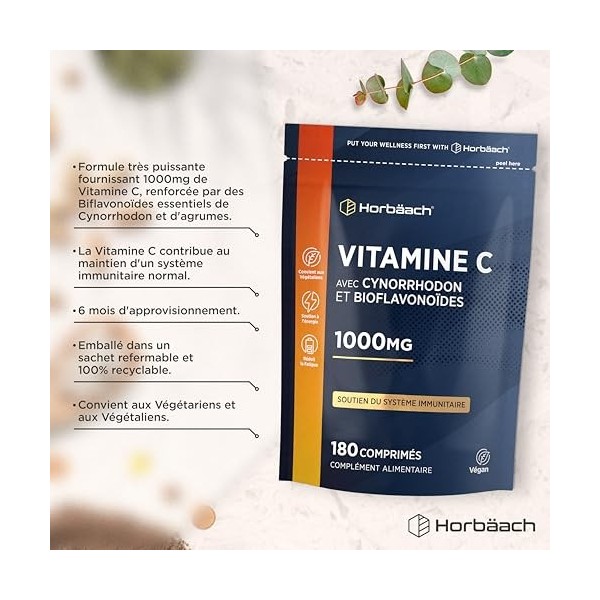 Vitamine C 1000mg Complexe avec Citrus Bioflavonoids et Rosa Canina | Cure de 6 Mois - 180 Comprimés Végans | Vitamin C Compl