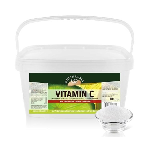 GOLDEN PEANUT Poudre de vitamine C, 10 kg, acide ascorbique pur, sans additifs, hautement dosé, végétalien et sans génie géné