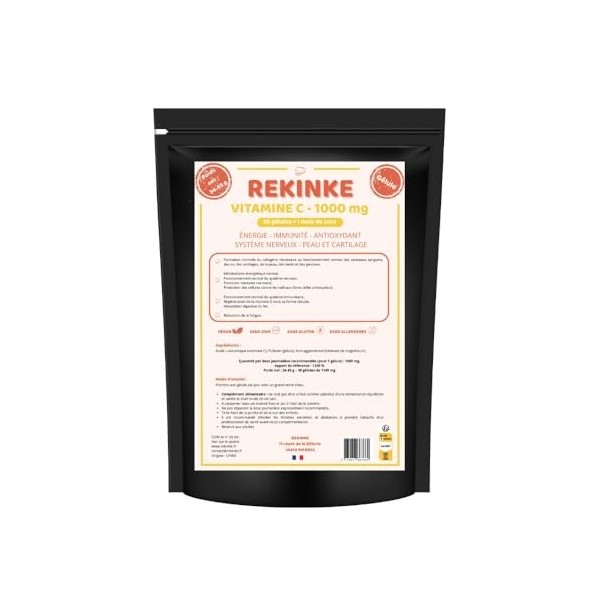 Vitamine C haut dosage - 1000mg par gélule - 30 gélules en pullulan REKINKE