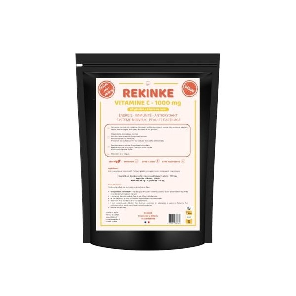 Vitamine C haut dosage - 1000mg par gélule - 60 gélules en pullulan REKINKE