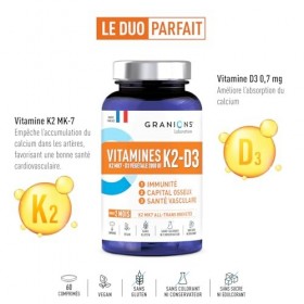 GRANIONS VITAMINE D3 K2 MK7 - Vitamine D3 2000 UI + K2 200 mg – Complement Alimentaire Vegan pour la Santé des Os et du Cœur 