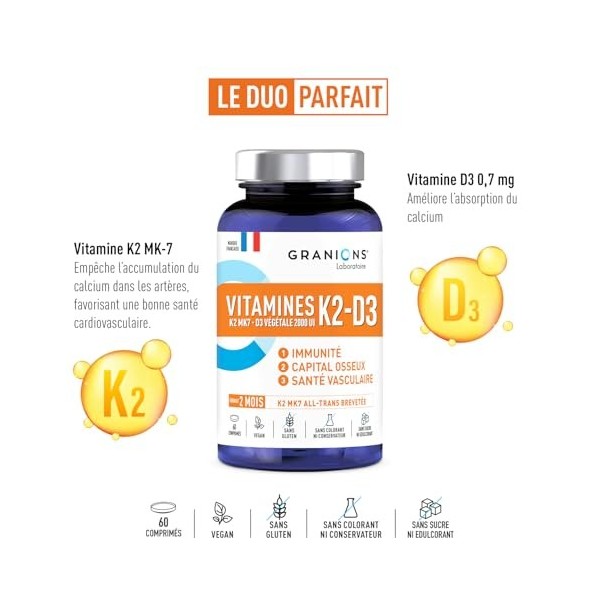 GRANIONS VITAMINE D3 K2 MK7 - Vitamine D3 2000 UI + K2 200 mg – Complement Alimentaire Vegan pour la Santé des Os et du Cœur 