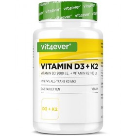 vit4ever Vitamine D3 + K2-365 comprimés - 99,7% dall-trans MK-7 et 2000 UI de vitamine D3 - Matière première haut de gamme_ 