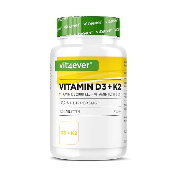 vit4ever Vitamine D3 + K2-365 comprimés - 99,7% dall-trans MK-7 et 2000 UI de vitamine D3 - Matière première haut de gamme_ 