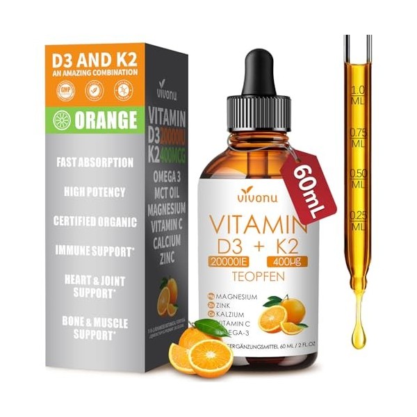 Vitamine D3 K2 20000 UI avec MK7-300 en Huile de coco vierge | Soutient lAbsorption du Calcium, et la Santé des Os, du Systè ...