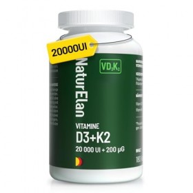 Vitamine D3 et K2, 20000 UI/j, 180 Comprimés, Approvisionnement annuel, vegetarisch, sans Stéarate de Magnésium, Fabriqué en 