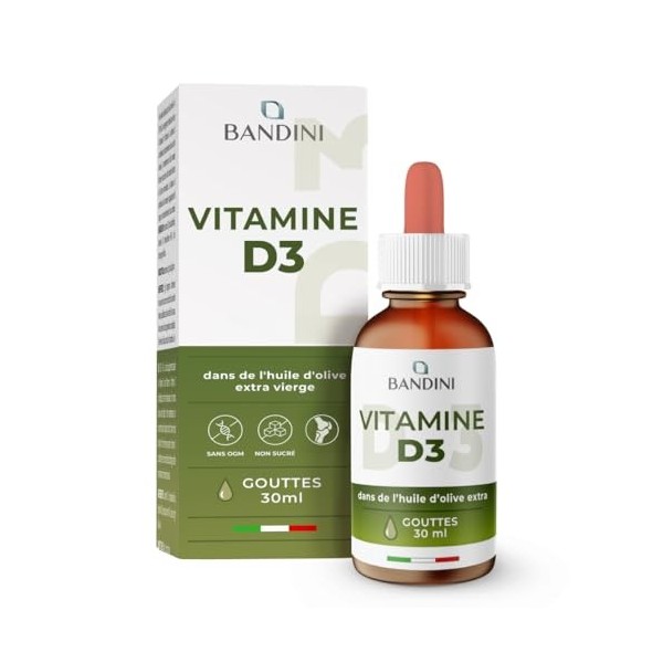 Bandini® Vitamine D3 2000 U.I. par goutte | Cholécalciférol en huile dolive extra vierge | Liquide Fortement Dosée | Pour Sy
