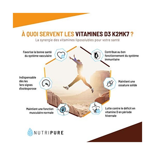 Nutripure | Vitamine D3 K2-MK7 3000 UI | Dosage Élevé pour Système Immunitaire, Santé Osseuse et Musculaire | Avec VitaMK7® e...
