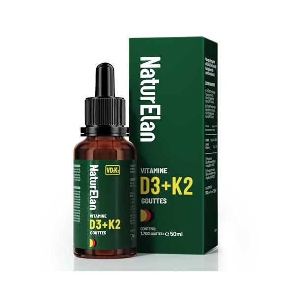 Vitamine D3 et K2-50ml, 2000 UI/j Par Dose 2 gouttes , Approvisionnement annuel, vegetarisch, sans Stéarate de Magnésium, La
