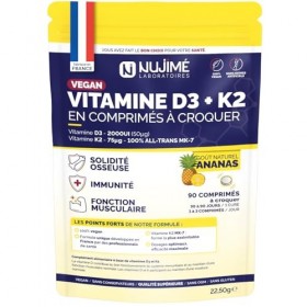 Vitamine D3 2000UI + K2 all-trans MK7, 75µg | 100% VEGAN | Solidité Osseuse, Muscles, Immunité | Arôme naturel d’ananas | Vit...