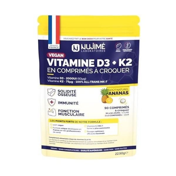 Vitamine D3 2000UI + K2 all-trans MK7, 75µg | 100% VEGAN | Solidité Osseuse, Muscles, Immunité | Arôme naturel d’ananas | Vit...