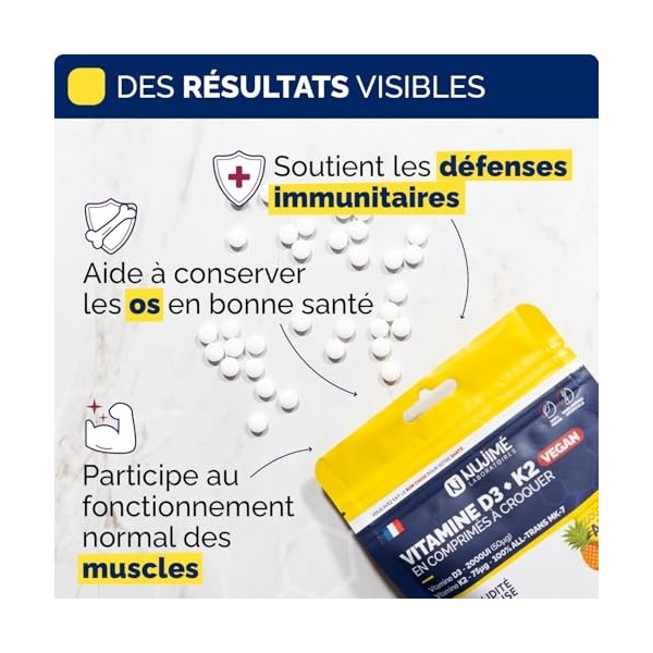 Vitamine D3 2000UI + K2 all-trans MK7, 75µg | 100% VEGAN | Solidité Osseuse, Muscles, Immunité | Arôme naturel d’ananas | Vit...