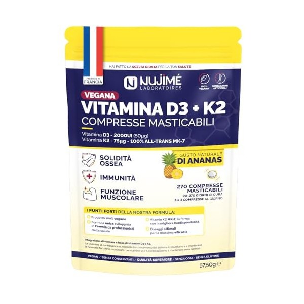 Vitamine D3 2000UI + K2 all-trans MK7, 75µg | 100% VEGAN | Solidité Osseuse, Muscles, Immunité | Arôme naturel d’ananas | Vit...