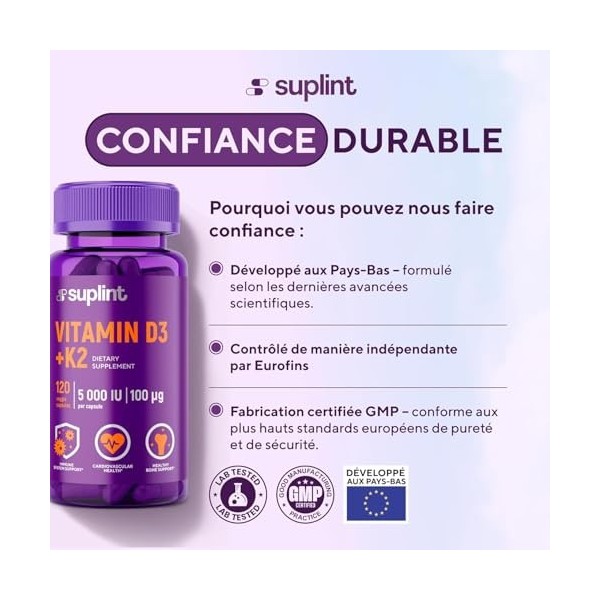 Vitamine D3 K2 Haute Dose – 5000 UI Vitamine D + 100 µg K2 MK-7 – 120 Gélules Véganes – Développé aux Pays-Bas – Certifié GMP