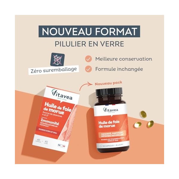 Vitavea Bien-être - Huile de Foie de Morue - Complément Alimentaire Immunité, Défenses Naturelles - Oméga 3 riche en EPA et 