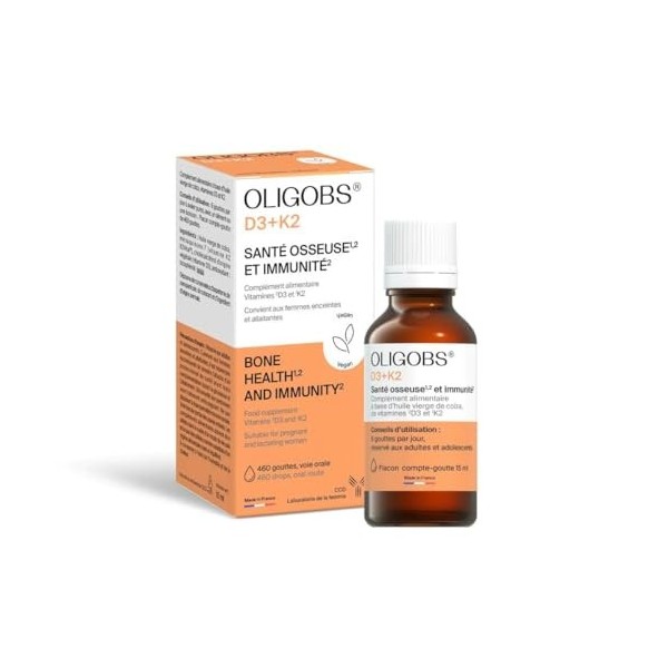 Oligobs D3+K2 Complément Alimentaire Vitamine D3 Végétale Lichen & K2Vital® MK-7 | Ossature & Immunité | Gouttes Sans Additif