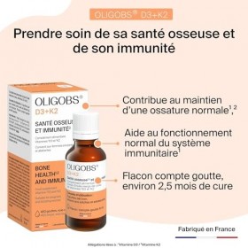 Oligobs D3+K2 Complément Alimentaire Vitamine D3 Végétale Lichen & K2Vital® MK-7 | Ossature & Immunité | Gouttes Sans Additif