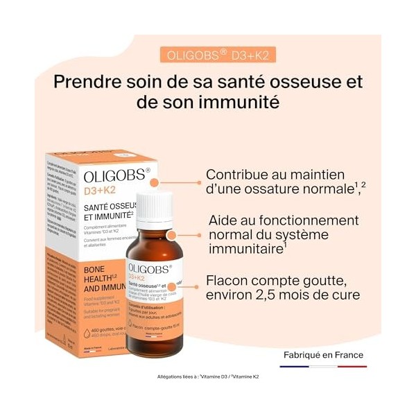 Oligobs D3+K2 Complément Alimentaire Vitamine D3 Végétale Lichen & K2Vital® MK-7 | Ossature & Immunité | Gouttes Sans Additif