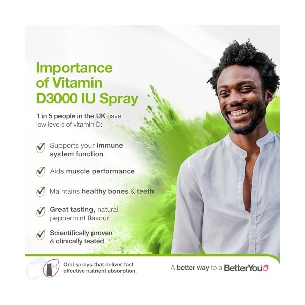 BetterYou Vitamin D 3000 IU Oral Spray, Fast Acting Vitamin D3 Supplement, Supports Bones, Teeth and a Healthy Immune System,...