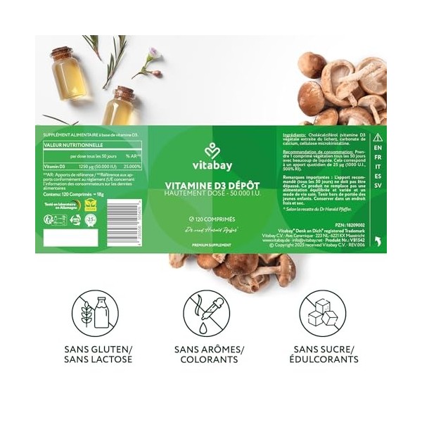 Vitabay Vitamine D3 120 Comprimés Véganes de 50 000 UI à Libération Prolongée - 1 comprimé de Cholécalciférol Vitamine D3 tou...
