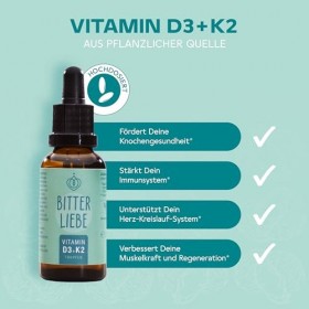 BitterLiebe Gouttes de vitamine D3 K2 hautement dosées et végétaliennes - Vitamine K2 et vitamine D3 hautement biodisponible 